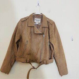 American Rag Faux Suede Moto Jacket Women Size Medium Tan Pockets